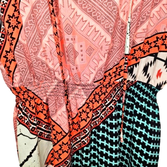 Boho Patchwork Geometric Rayon Dress Festival Casual Short Sleeve Size Medium - Picture 4 of 6